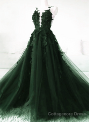 Green A-Line Tulle With Lace Low Back Prom Dress, Green Tulle Evening Dress Party Dress