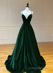 Green V-Neckline Straps Lace-Up A-Line Prom Dress, Green Velvet Long Prom Dress