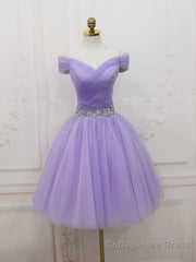 Purple Off Shoulder Tulle Sequin Prom Dress, Purple Homecoming Dress