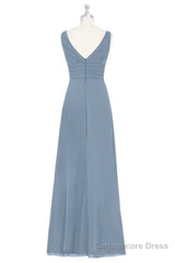 Dusty Blue V-Neck Banded Waist Ruffled Long Bridesmaid Dress