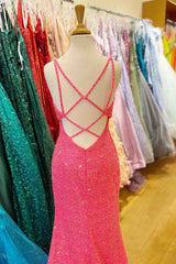 Hot Pink Mermaid V Neck Sequins Crossed Back Long Prom Dress with Slit