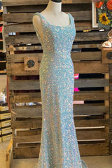 Light Blue Iridescent Sequin Square Neck Mermaid Long Formal Dress