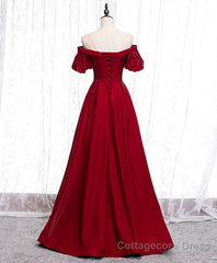 Simple Sweetheart Burgundy Satin Long Prom Dress, Burgundy Evening Dress