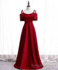 Burgundy Satin Beads Long Prom Dress, Burgundy Evening Dress