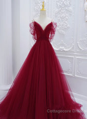 Wine Red Tulle V-Neckline Off Shoulder With Bow, Wine Red Tulle Long Prom Dress