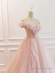 Pink Tulle Off The Shoulder A-Line Tulle Ruffles Floor-Length Prom Dress, Pink Long Party Dress