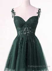 V-Neckline Dark Green Tulle With Lace Short Homecoming Dress, Green Short Prom Dress