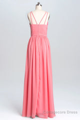 Coral Double Straps Pleated A-line Bridesmaid Dress