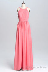 Coral Double Straps Pleated A-line Bridesmaid Dress