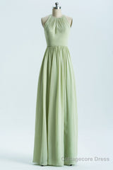 Sage Green Chiffon High Neck Long Bridesmaid Dress