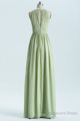 Sage Green Chiffon High Neck Long Bridesmaid Dress