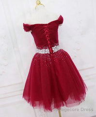 Burgundy Tulle Sequin Short Prom Dress, Burgundy Homecoming Dress, 1