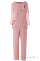 Pink Ruffles 3/4 Sleeves Mother of the Bride Pant Suits