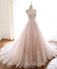 Pink Sweetheart Lace Tulle Long Prom Dress, Lace Pink Evening Dress