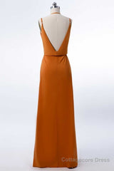 Burnt Orange Spaghetti Straps Long Bridesmaid Dress with Slit