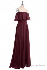 Burgundy Chiffon Strapless Ruffled A-Line Long Bridesmaid Dress