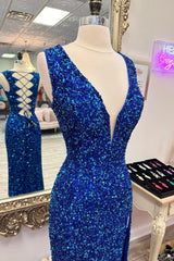 Royal Blue Deep V Neck Sequins Lace-Up Long Prom Dress with Slit