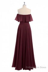 Burgundy Chiffon Strapless Ruffled A-Line Long Bridesmaid Dress