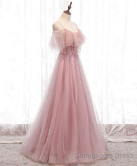 Pink Sweetheart Tulle Long Prom Dress, Pink Tulle Formal Dress, 1