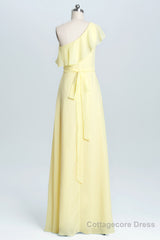 One Shoulder Yellow Ruffles A-line Long Bridesmaid Dress