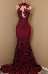 2025 New Arrival Mermaid Burgundy High Neck Rose Ruffles Sleeveless Long African American Prom Dress