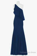 One Shoulder Navy Blue Flounce Mermaid Long Bridesmaid Dress