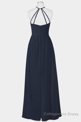 Elegant Navy Blue Chiffon A-line Long Bridesmaid Dress