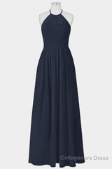 Elegant Navy Blue Chiffon A-line Long Bridesmaid Dress