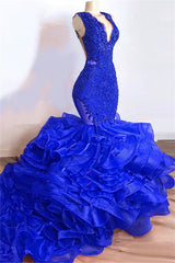 2025 Royal Blue Mermaid V Neck Organza Layered Lace Long Prom Dresses