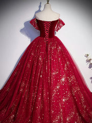 Burgundy Tulle Sequin Long Prom Dress, Burgundy Tulle Formal Dress