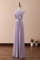 Lilac Halter Open Back Ruffled Long Bridesmaid Dress