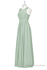 Sage Green Chiffon Sheer Neck A-Line Long Bridesmaid Dress