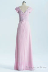 Short Sleeves Pink Appliques Knot Long Bridesmaid Dress