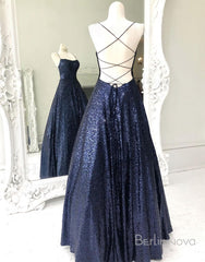 Long Navy Blue Sequin Prom Dress