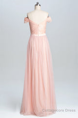 Off the Shoulder Pink Lace and Tulle Long Bridesmaid Dress