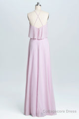 Pink Straps Flounce Chiffon A-line Long Bridesmaid Dress