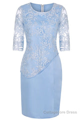 Light Blue Crew Neck Lace Half Sleeve Short Mother of the Bride Dress