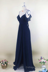 Navy Blue Chiffon Cold-Shoulder A-Line Long Bridesmaid Dress