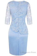 Light Blue Crew Neck Lace Half Sleeve Short Mother of the Bride Dress