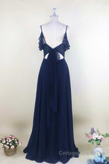 Navy Blue Chiffon Cold-Shoulder A-Line Long Bridesmaid Dress