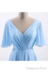 Flutter Sleeves Blue Chiffon A-line Long Bridesmaid Dress