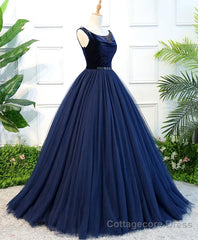 Dark Blue Tulle Long Prom Dress, Dark Blue Tulle Evening Dress