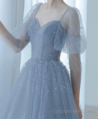 Blue V Neck Tulle Sequin Long Prom Dress, Blue Tulle Formal Dress, 1