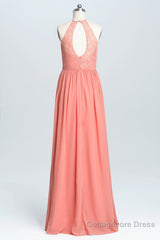 Halter Coral A-line Lace and Chiffon Long Bridesmaid Dress