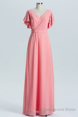 Coral A-line Flutter Sleeves Long Bridesmaid Dress