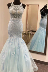 Light Blue Tulle Lace Halter Lace-Up Back Trumpet Long Dress