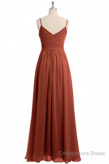 Rust Orange Spaghetti Straps Sweetheart Ruffled Long Bridesmaid Dress