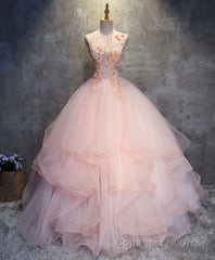 Pink Round Neck Tulle Lace Long Prom Dress, Lace Formal Dress