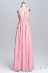 Pink Straps A-line Pleated Long Bridesmaid Dress