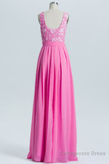 Pink A-line Lace and Chiffon Long Bridesmaid Dress